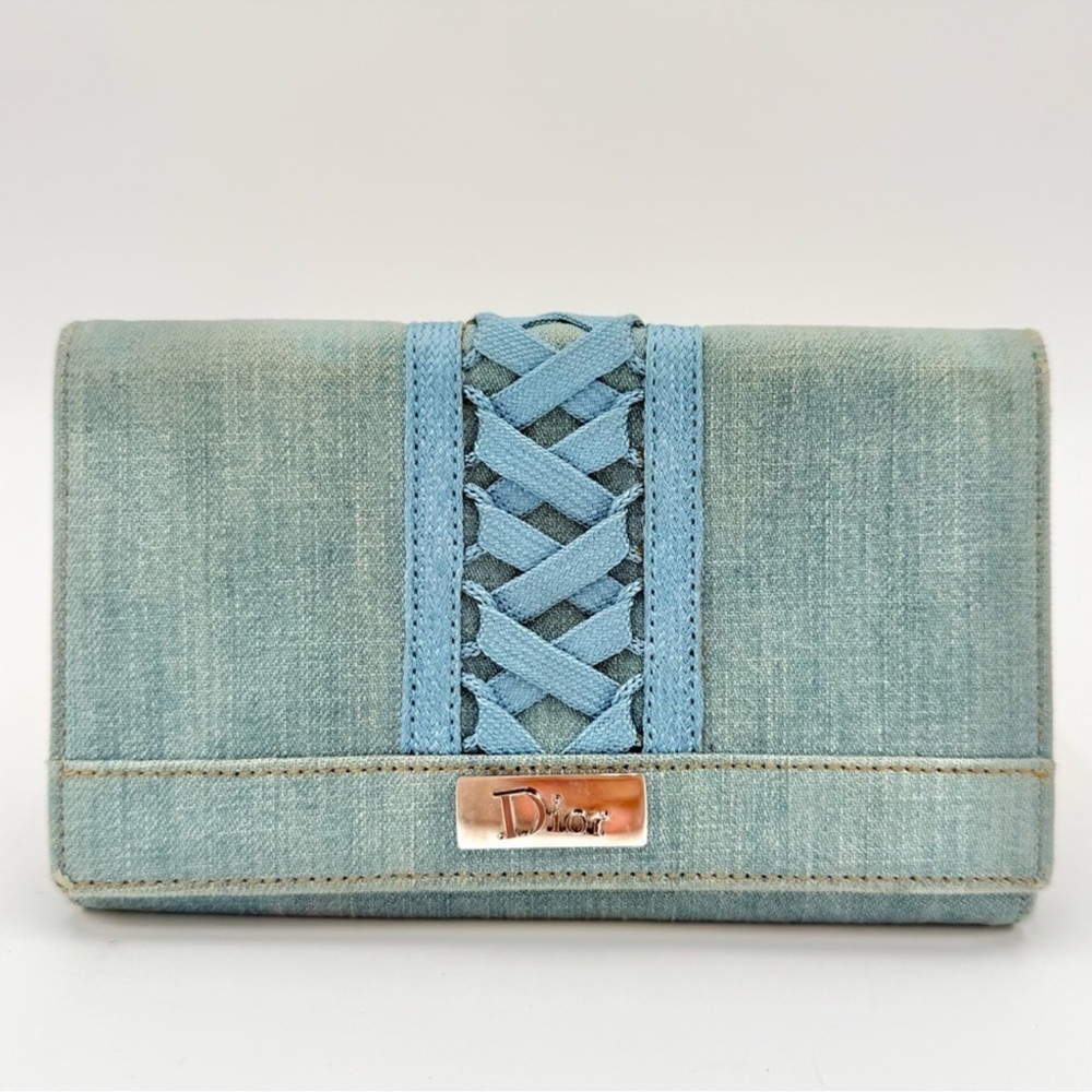 Rare Vintage 2002 Dior Denim Lace Up Long Wallet EUC Retail $3000